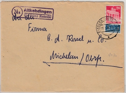 Bizone - (24a) Altkehdingen ü. Basbeck (Niederelbe), Landpost-Ra2 a. Brief 1950