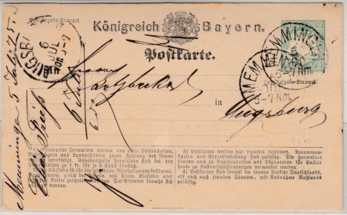 Bayern - 2 Kr. GA-Karte K1 Memmingen - Augsburg 1875