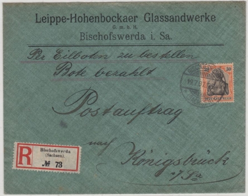 DR - 30 Pfg. Germania, Eilboten-Einschreiben-Postauftrag, Bischofswerda 1907 n.