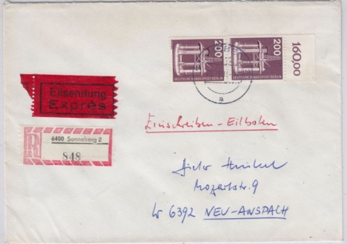Berlin - 2x200 Pfg. I&T, Einschreibe-Eilbrief Sonneberg - Neu-Anspach 1991