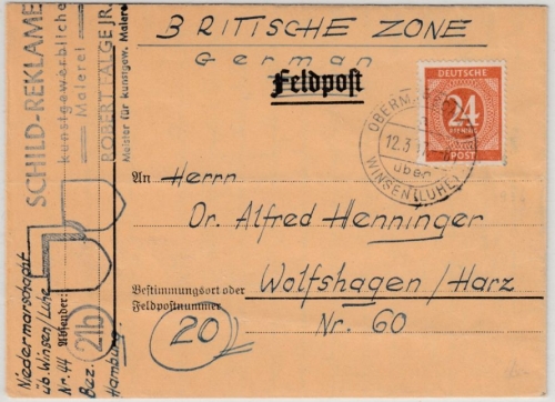 All.Bes. - Obermarschacht ü. Winsen (Luhe), Poststelle I, Brief n. Wolfshagen