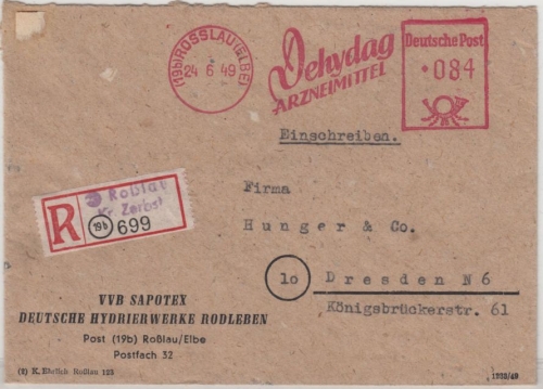 SBZ - Rosslau (Elbe) 1949, 84 Pfg. AFS "Dehydag Arzneimittel", Einschreibebrief