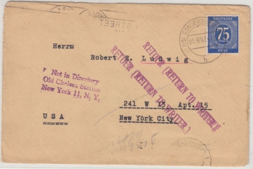 All.Bes. - 75 Pfg. Ziffer, Retourbrief n. USA, Sondershausen - New York 1947