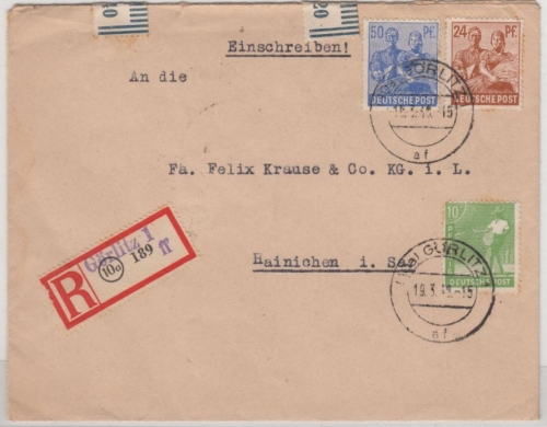 All.Bes./Kontrollrat - 50+24+10 Pfg. Arbeiter, Einschreibebrief Görlitz 1948 n.