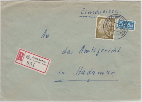 BRD - 70 Pfg. Heuss I, Einschreibebrief Frickhofen (Kr. Limburg) - Hadamar 1956
