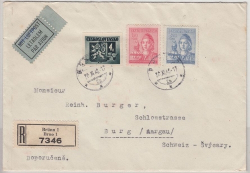 Tschechoslowakei - 150+250 H. Studentenwerk u.a., Lupo-R-Brief Brünn 30.11.45