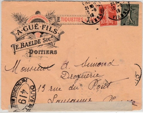 Frankreich - Poitiers 1918, dek. illustr. Firmenkuvert/Zensurbrief i.d. SCHWEIZ