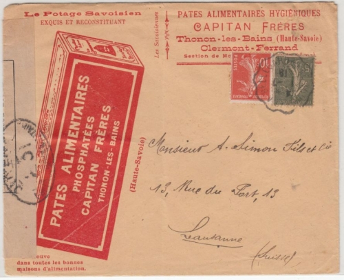 Frankreich - Thonon les Bains 1919 illustr. Firmenkuvert/Zensurbrief i.d.SCHWEIZ