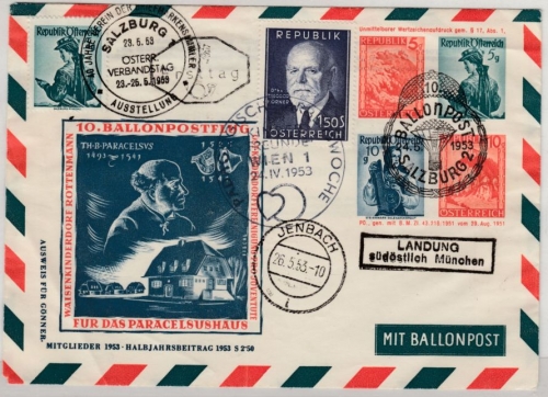 Österreich - 10. Ballonpostflug Salzburg 1953, Privat-GA-Umschlag + Zusatz
