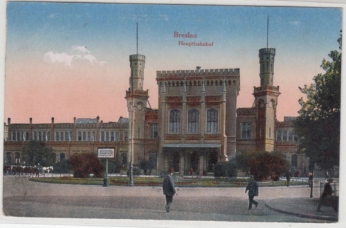 Schlesien - Breslau Hauptbahnhof, farb. AK gelaufen/Feldpost 1918