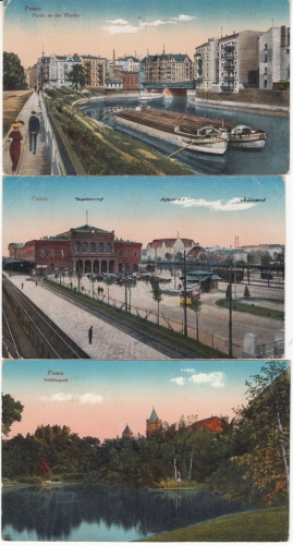 Posen - Posen Stadt, 4 farb. AK (Bahnhof, Partie a.d. Warthe etc.) alle gelaufen