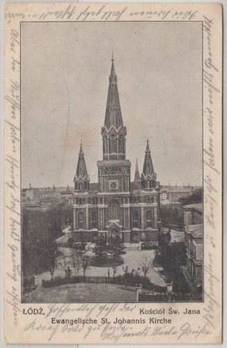 Polen - Lodz, Evangelische St. Johannis Kirche, sw-AK, gelaufen/Feldpost 1915