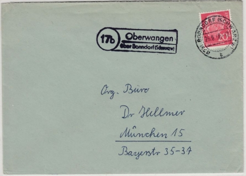 BRD - (17b) Oberwangen ü. Bonndorf, Landpost-Ra2 a. Brief n. München 1958