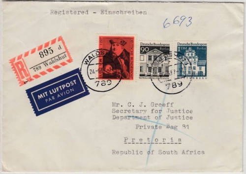 BRD - 30 Pfg. Thurn&Taxis u.a., Lupo-Einschreibebrief n. SÜDAFRIKA, Waldshut n.