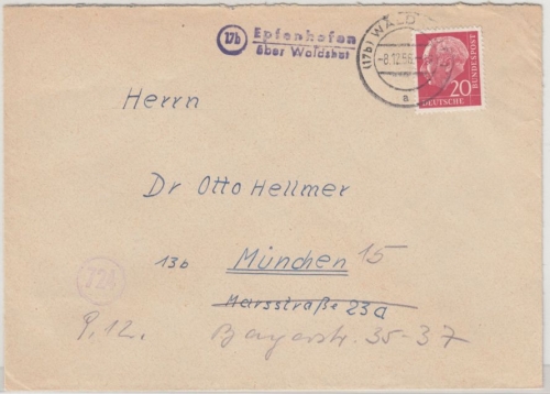 BRD - (17b) Epfenhofen ü. Waldshut, Landpost-L2 a. Brief n. München 1958