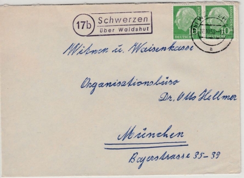 BRD - (17b) Schwerzen ü. Waldshut, Landpost-Ra2 a. Brief n. München 1958