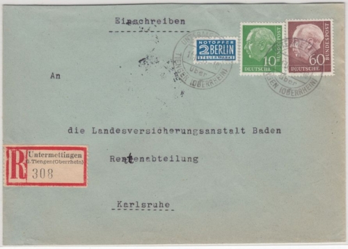 BRD - Untermettingen ü. Tiengen, Poststelle I a. Einschreibebrief 1955 n.