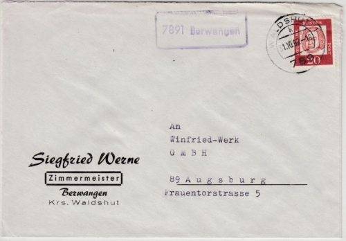 BRD - 77891 Berwangen, Poststelle I Ra1 a. Brief n. Augsburg 1962