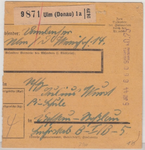 DR - Ulm 1a 1944, 75 Pfg. Registrierkassen-Stpl. a. Paketkarte n. Dessau
