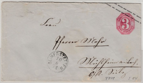 Württemberg - 3 Kr. GA-Umschlag, K1 Beimerstetten - Mühlheim 1871