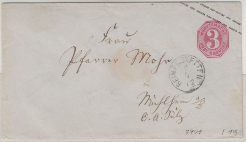 Württemberg - 3 Kr. GA-Umschlag, K1 Beimerstetten - Mühlheim 1872