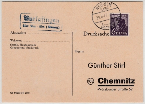 All.Bes. - Burlafingen ü. Neu-Ulm, Landpost-Ra2 a. Karte n. Chemnitz 1947