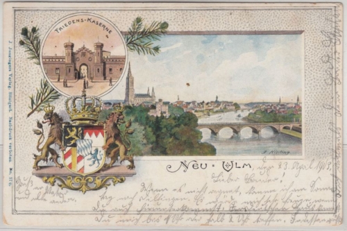 Bayern - Neu-Ulm, farb. Passepartout-Prägekarte Friedenskaserne, gelaufen 1903
