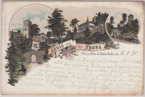 Baden-Württemberg - Yburg, farb. Gruss aus Litho, gelaufen KOS Steinbach 1895