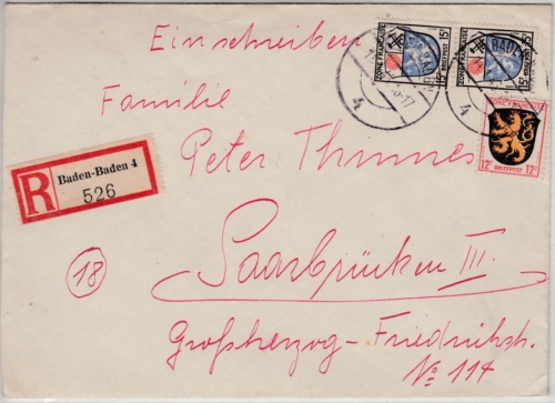 FZ-Allg. - 2x15+12 Pfg.Wappen, Einschreibebrief Baden-Baden 4 - Saarbrücken 1946