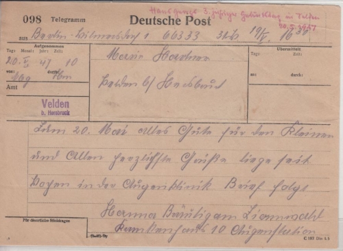 All.Bes. - Velden b. Hersbruck (1947), L2 a. Telegramm v. Berlin-Wilmersdorf