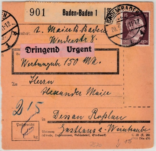 DR - 2 RM + 15 Pfg. AH, Dringend-Wertpaketkarte Baden-Baden - Dessau 1943