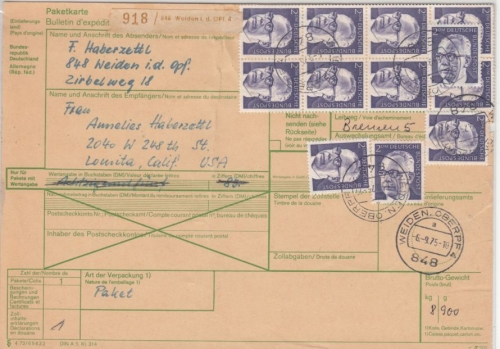 BRD - 12x2 DM Heinmann, Paketkarte n. USA, Weiden - Lomitz 1975