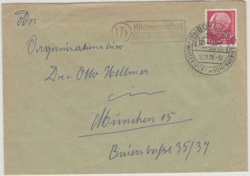 BRD - (17b) Hildmannsfeld ü. Bühl, Landpost-Ra2 a. Brief n. München 1958
