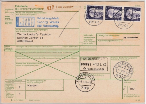 BRD - 3x2 DM Heinemann, Paketkarte i.d. SCHWEIZ, Wintersdorf - Basel 1972