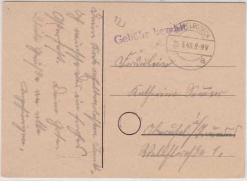 All.Bes. - Kappelrodeck 1948, Gebühr bezahlt Rpf., L1 a. Osterkarte n. Oberursel