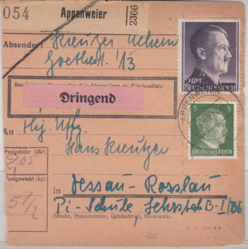 DR - 2 RM+5 Pfg. AH, Dringend-Paketkarte Appenweier - Dessau 1943