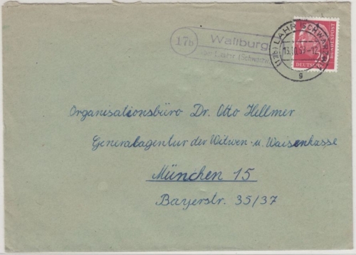 BRD - (17b) Wallburg ü. Lahr, Landpost-Ra2 a. Brief n. München 1953