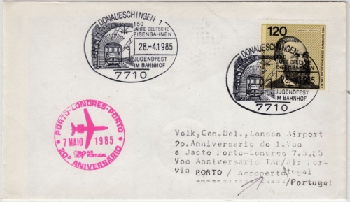 BRD - Donaueschingen 150 J. Dt. Eisenbahn, SST a. Lupo-Brief/Zuleitung TAP 1985