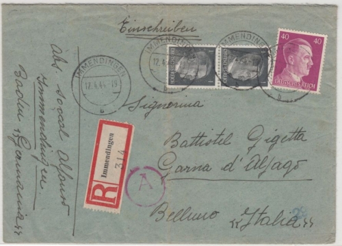 DR - 40+2x1 Pfg. AH, Einschreibebrief n. ITALIEN, Immendingen - Garna 1944