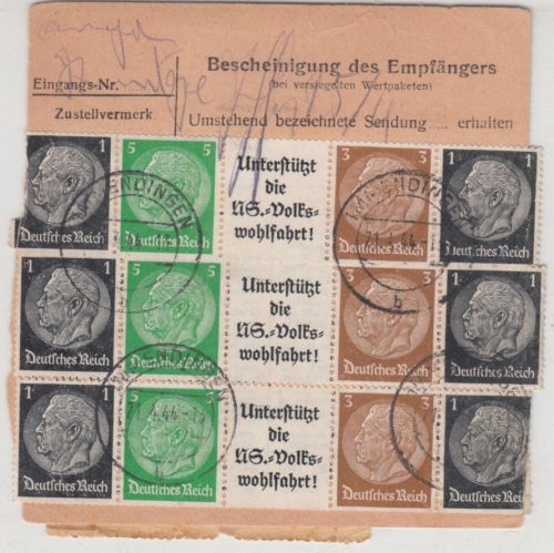 DR - 3x Einheitsgeberstreifen u.a., Dringend-Paketkarte Immendingen 1944 n.