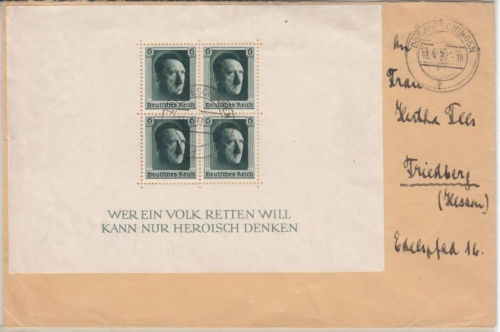 DR - 48. Geburtstag AH, Blockausgabem, Brief Donaueschingen - Friedberg 1937