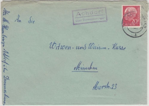 BRD - Achdorf ü. Donaueschingen, Landpost-Ra2 a. Brief n. München 1958