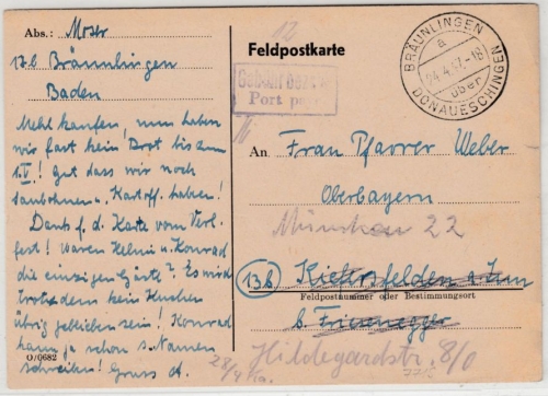 All.Bes. - Bräunlingen ü, Donaueschingen, Gebühr bezahlt/Port paye, Karte 1947