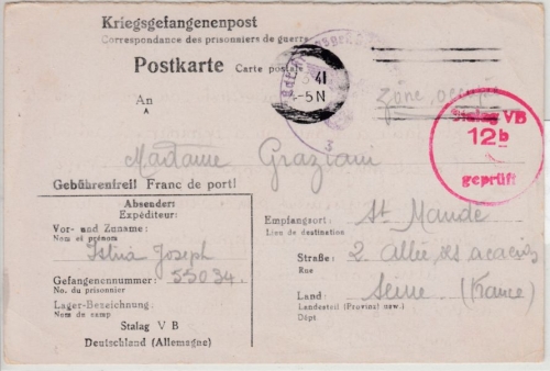 DR - Kriegsgefangenenkarte Stalag VB (Villingen) 1941 n. FRANKREICH, Lagerzensur
