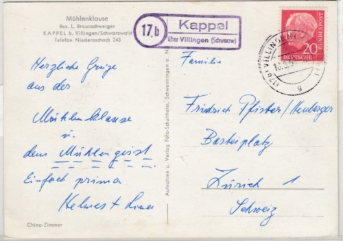 BRD - (17b) Kappel ü. Villingen, Landpost-Ra2 a. Karte i.d. SCHWEIZ 1958