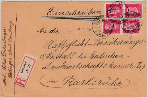 DR - 4x15 Pfg. Hindenburg, Einschreibebrief Allensbach - Karlsruhe 1929