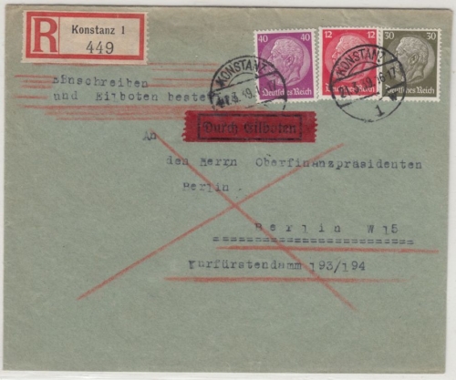DR - 40+30+12 Pfg. Hindenburg, Eil-Einschreibebrief Konstanz - Berlin 1939