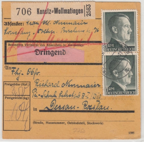 DR - 3x1 RM AH u.a., Dringend-Paketkarte Konstanz-Wollmatingen - Dessau 1943