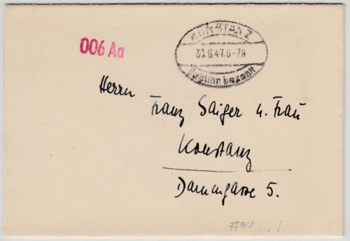All.Bes. - Konstanz 30.8.47 Gebühr bezahlt "006Aa", Ortsdrucksache