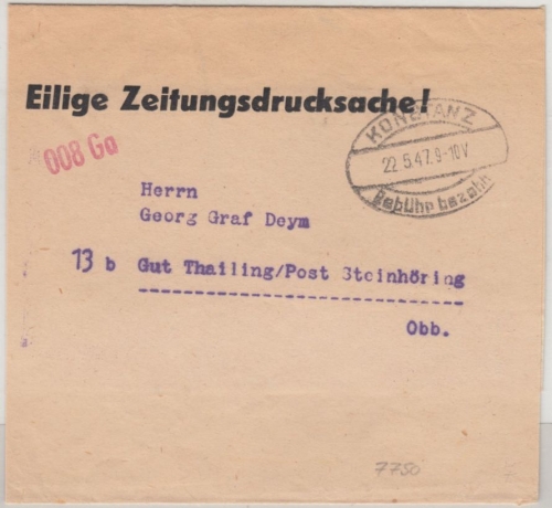 All.Bes. - Konstanz 22.5.47 Gebühr bezahlt "008Ga", Zeitungsstreifband n.